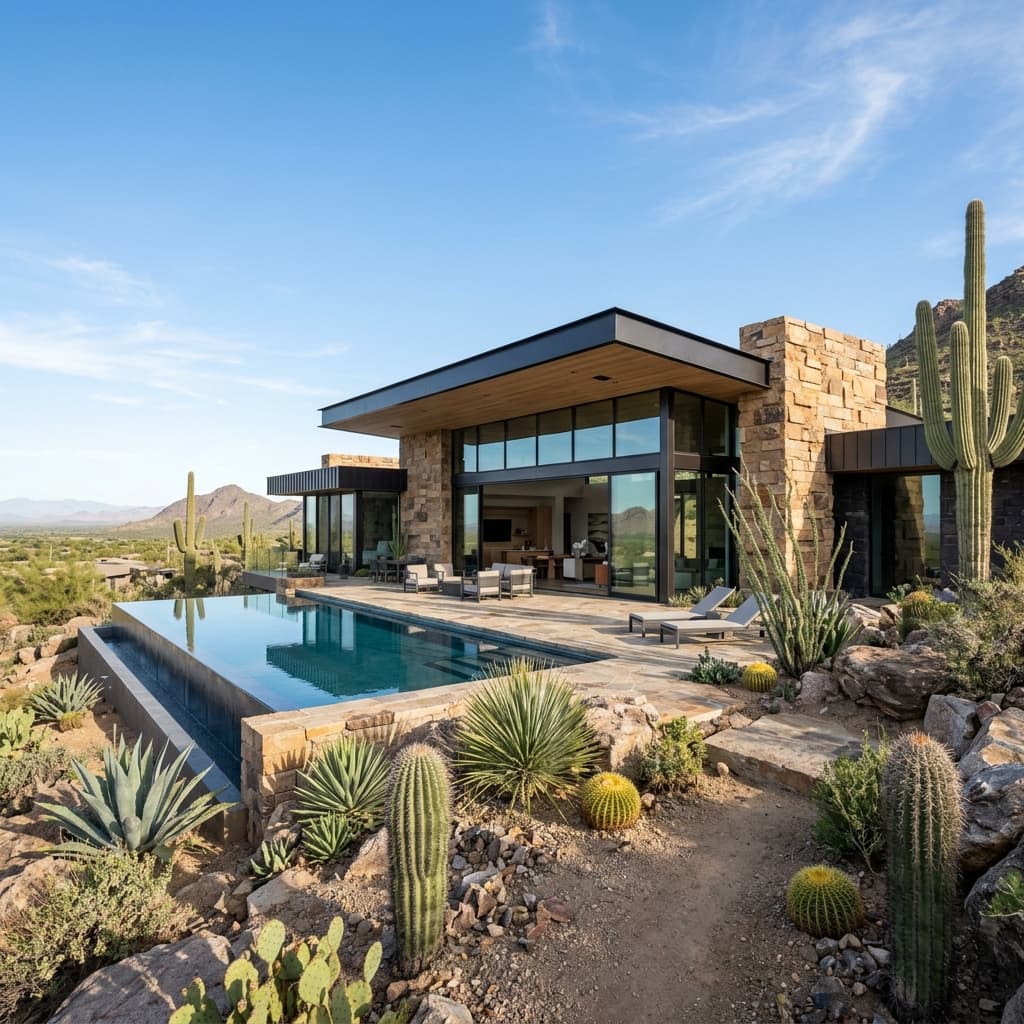 Luxury desert modern home with infinity pool and floor-to-ceiling glass in Cave Creek, AZ
