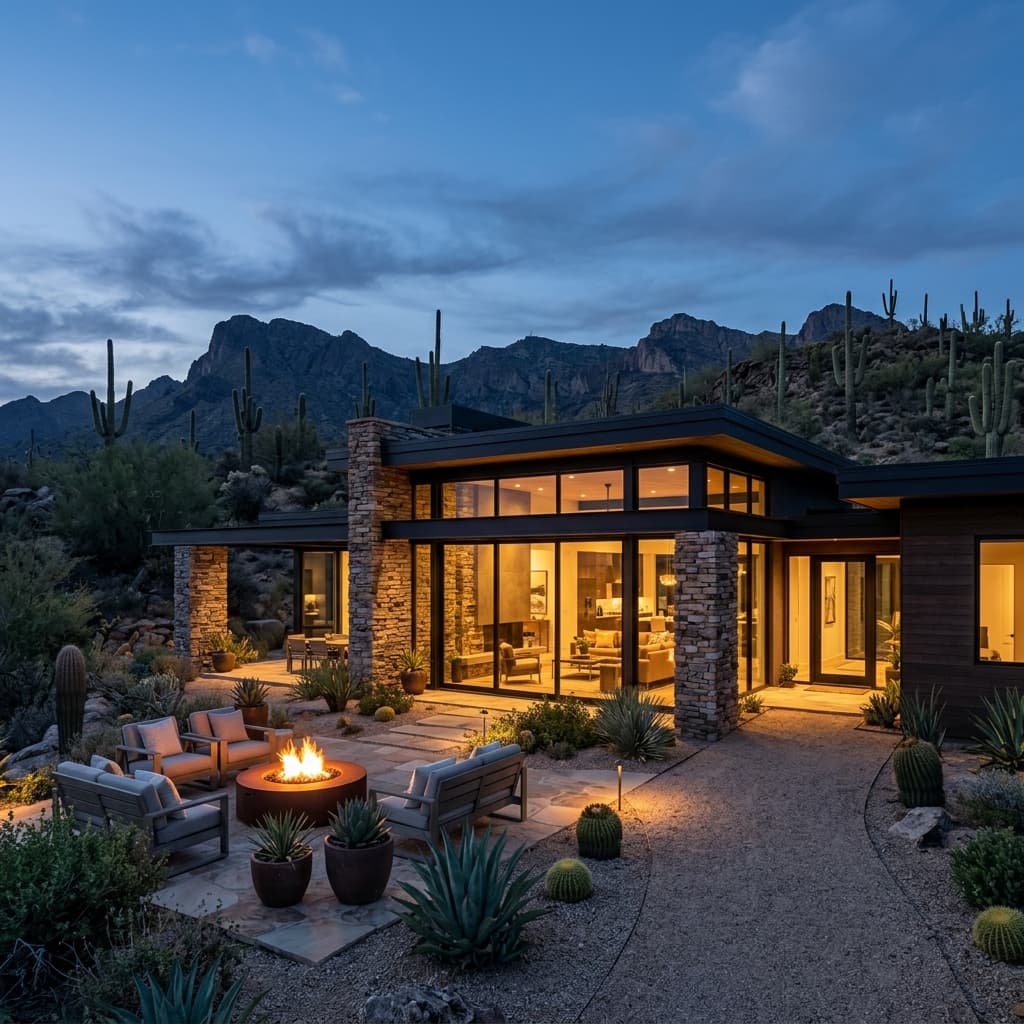Twilight desert modern home exterior with glass and stone architecture in Cave Creek, AZ